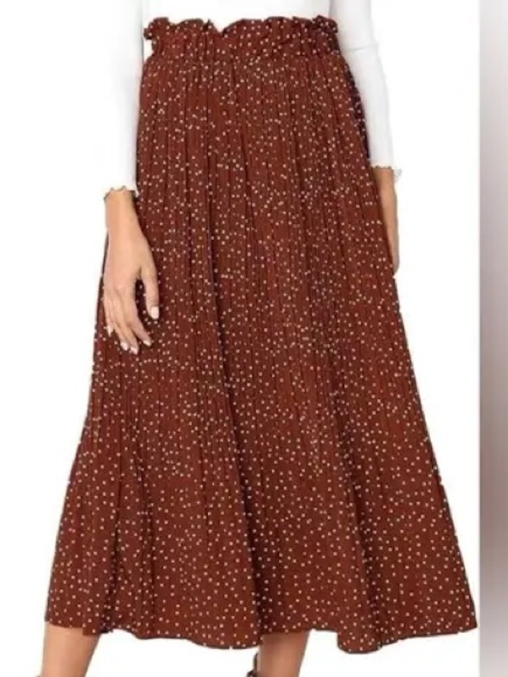Exlura High Waist Polka Dot Pleated Midi Skirt